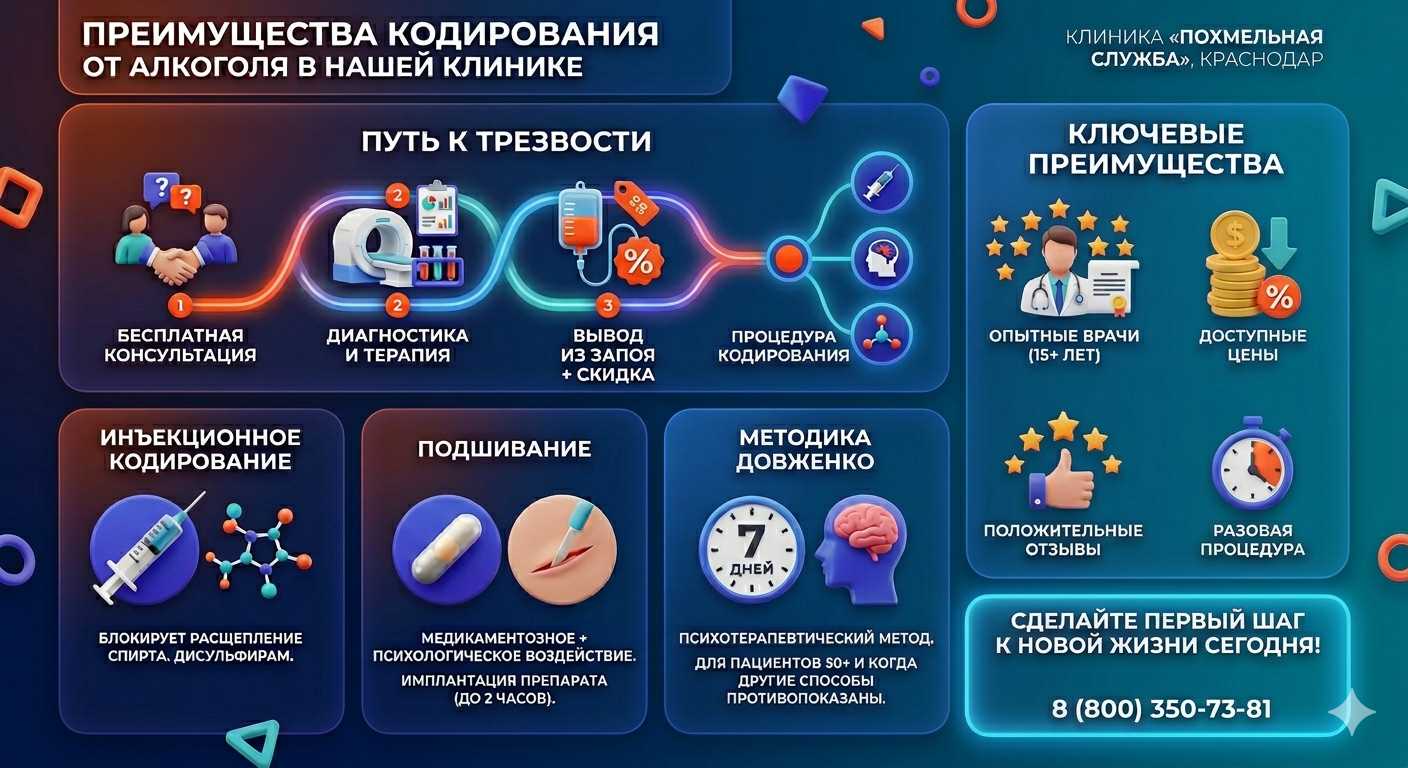 Инфографика о методах кодирования от алкоголя в Нижнем Новгороде: инъекции, подшивание, метод Довженко. Преимущества клиники и этапы лечения.